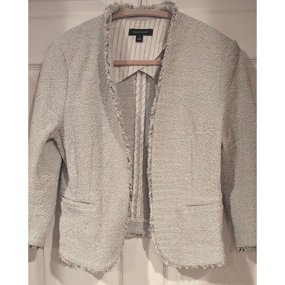 Ann Taylor Jackets & Blazers - Ann Taylor Blazer 10 Black White Textured Fringe Trim Open Front Career Jacket